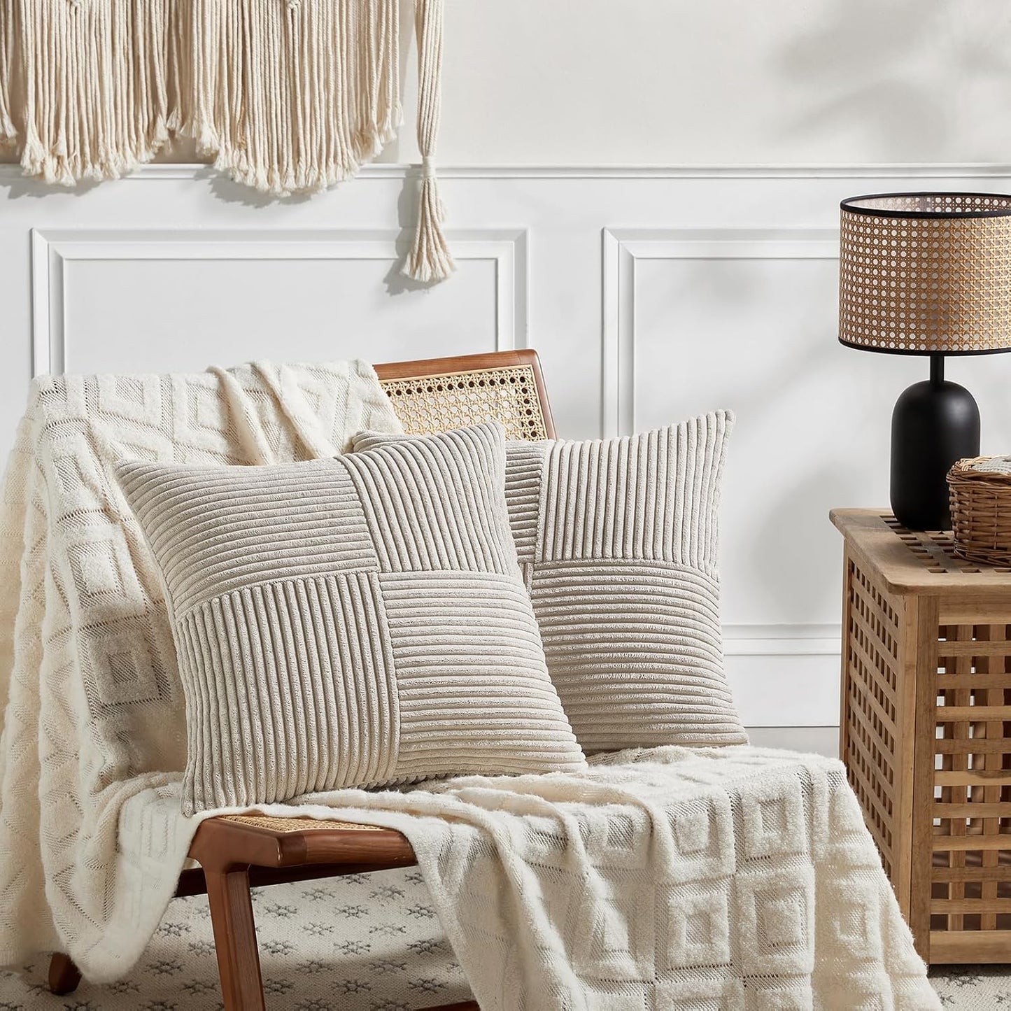 Fancy Homi 2 Packs Neutral Taupe Euro Decorative Throw Pillow Covers 26x26 Inch for Couch Bed Sofa, Rustic Farmhouse Boho Home Decor, Soft Corss Corduroy Patchwork Textured Square Cushion Case 66x66cm