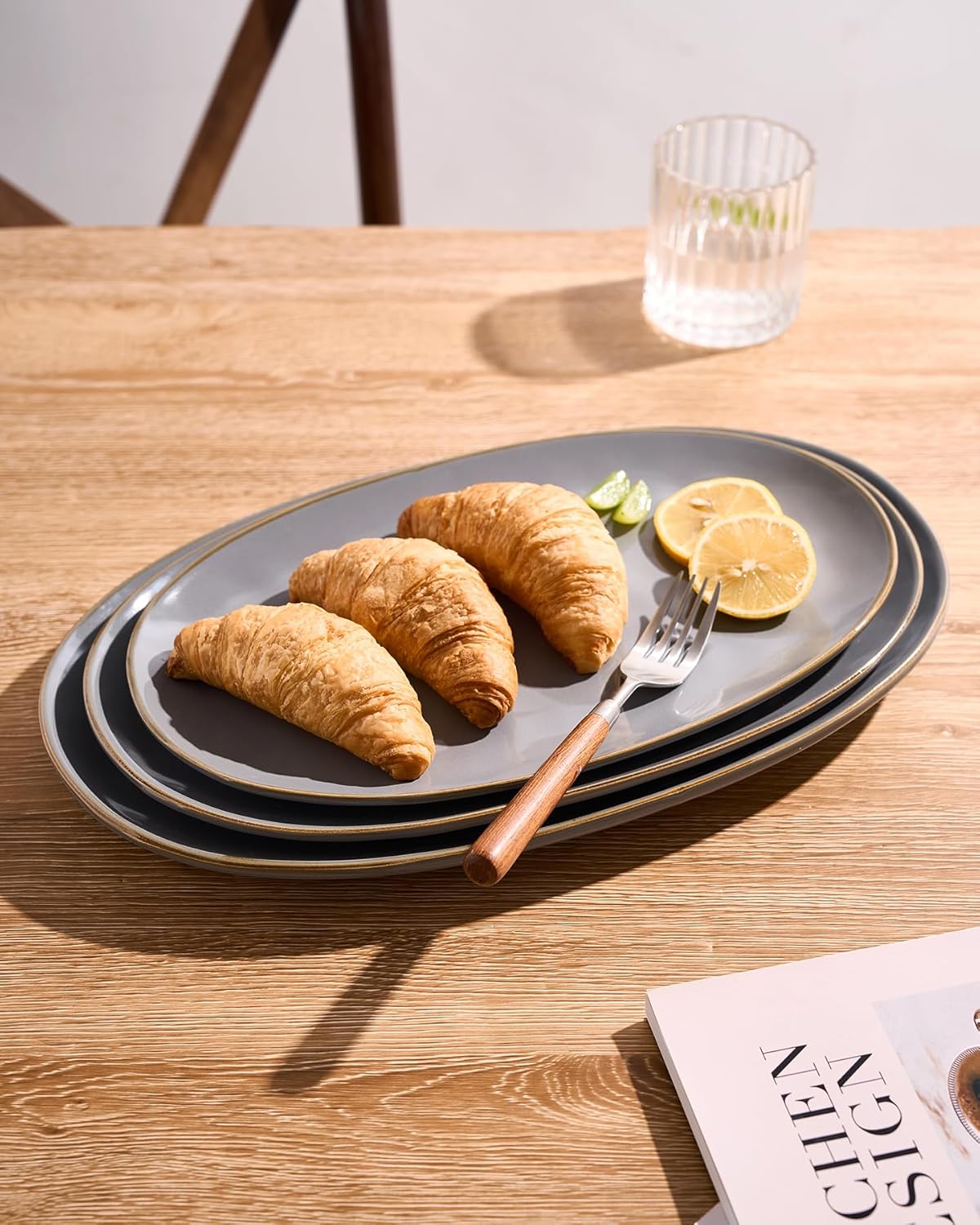 famiware Serving Platter, Oval 15.59/14.3/12.9 inch Serving Dishes for Entertaining, Serving Bowls, Microwave Safe, Fine Stonware Serving Trays for Party, Turkey, Cheese, Ocean Series, Dark Grey