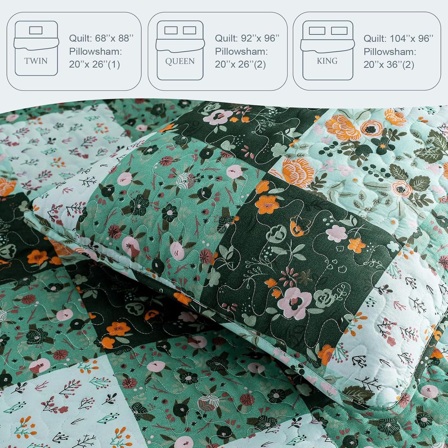 Exclusivo Mezcla Reversible Boho Quilt Set Queen Size, 3 Pieces Patchwork Green All Season Bedspreads, Ultra Soft Floral Coverlet Bedding Set with Printed Pattern (1 Quilt, 2 Pillow Shams)