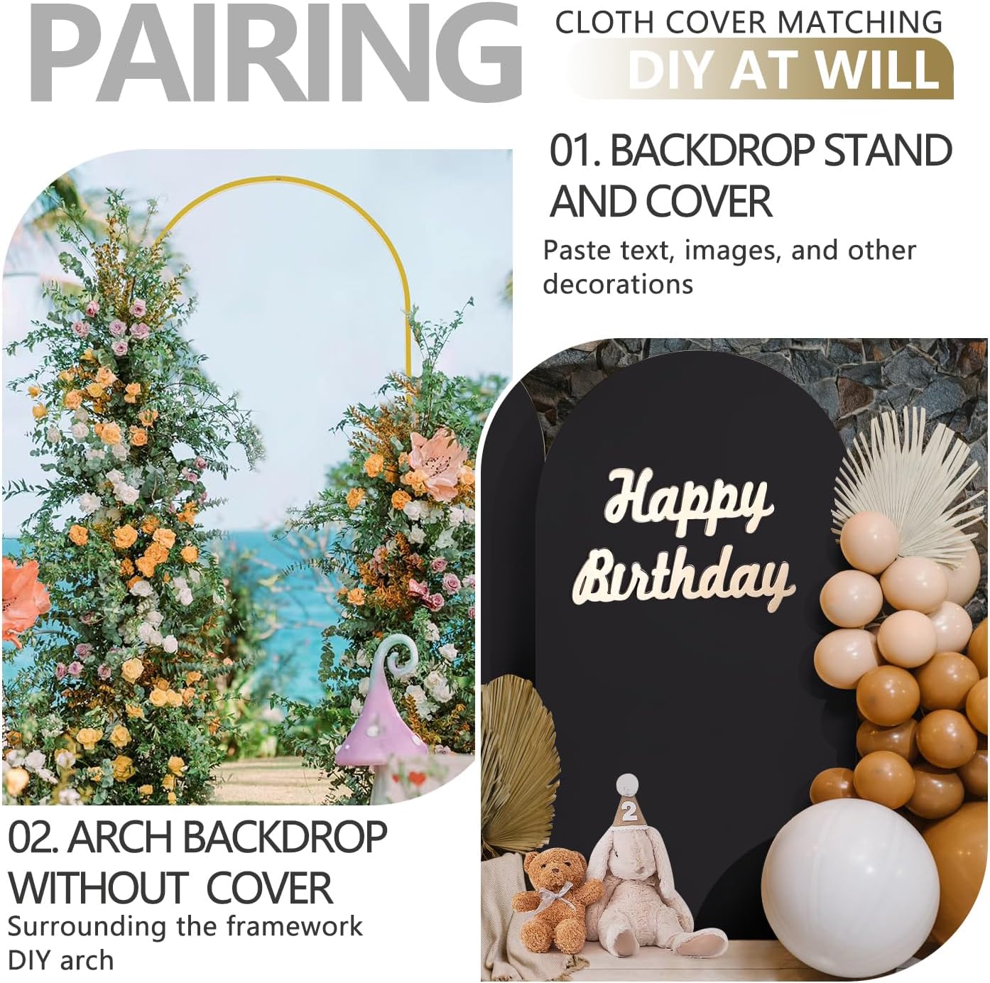 Arch Backdrop Stand and Cover Set, 3 Metal Balloon Arch Backdrop 7.2ft 6.6ft 6ft, Gold Arched Stand Frame for Wedding, Parties,Birthday, Backdrop Decorations (Black,7.2ft+6.6ft+6ft)