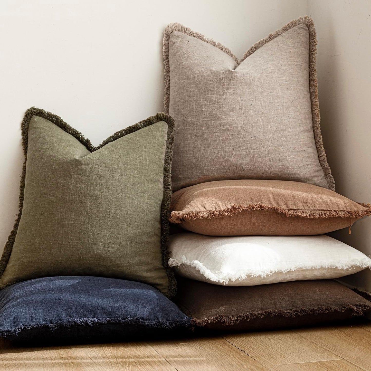 Foindtower Set of 2 Decorative Linen Fringe Throw Pillow Covers Farmhouse Cushion Cover with Tassels Soft Accent Pillowcase for Couch Chair Sofa Bed Living Room Home Decor,22×22 Inch,Natural Linen