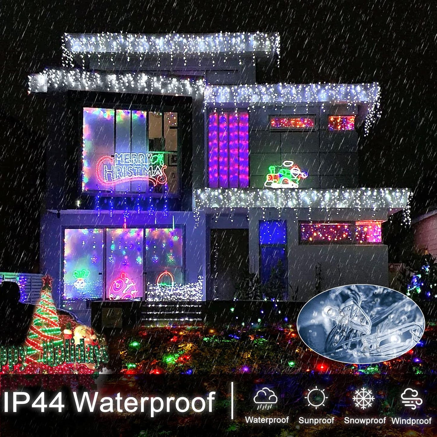 99ft 1216 LED Icicle Christmas Lights Outdoor - 8 Modes Icicle Lights with 228 Drops, Waterproof Plug in Fairy Curtain Light with Timer Memory for Party Holiday Wedding Decorations, Cool White