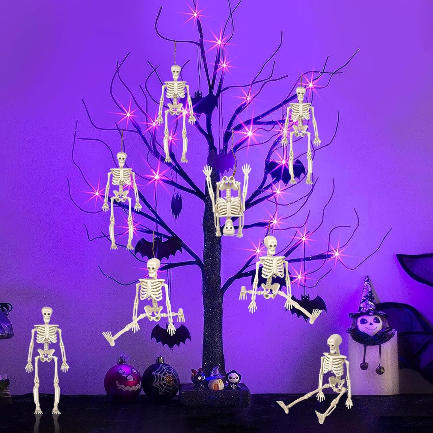 24 Pcs mini skeleton halloween decoration With hemp rope,6”small plastic posable halloween tiny skeleton figurines decor for Halloween Indoor Outdoor Graveyard Decor Haunted House Party Favors