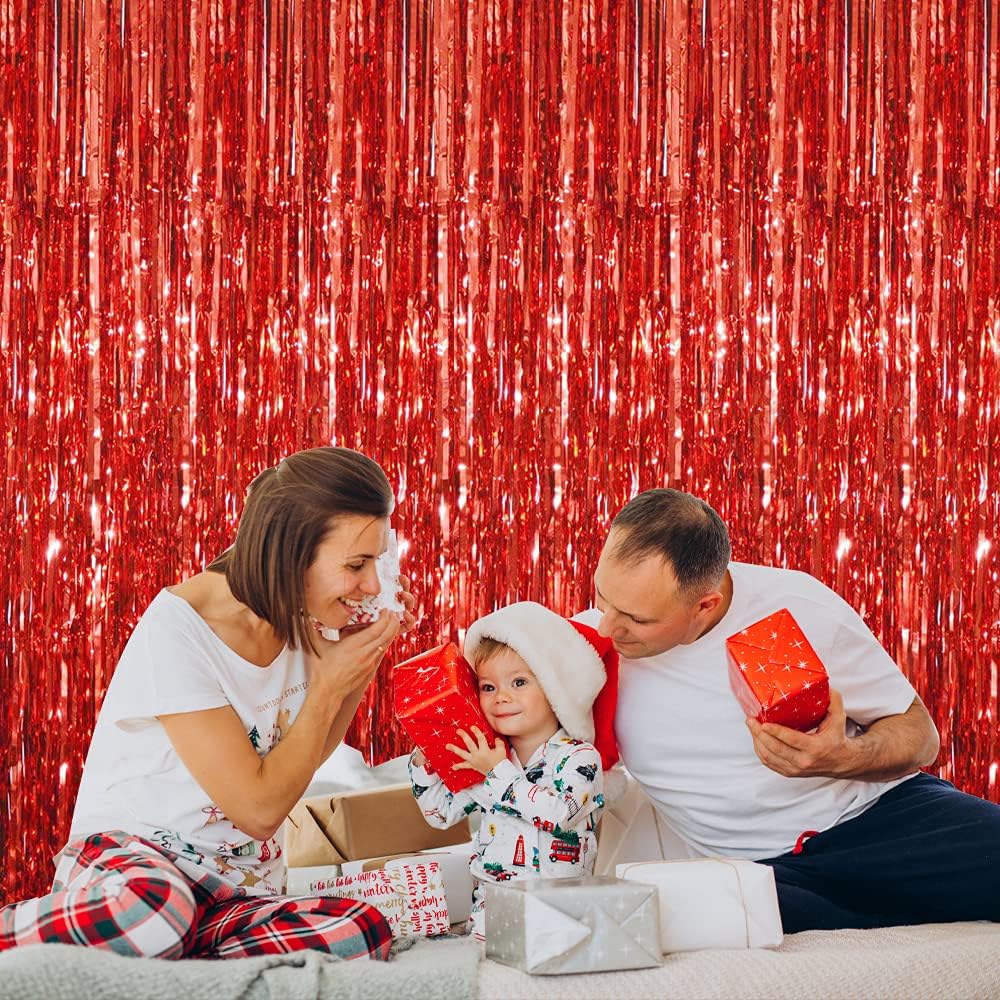 GOER 6.4 ft x 8.2 ft Metallic Tinsel Foil Fringe Curtains,Pack of 2 Party Streamer Backdrop for Birthday,Graduation Decorations and New Year Eve (Red)