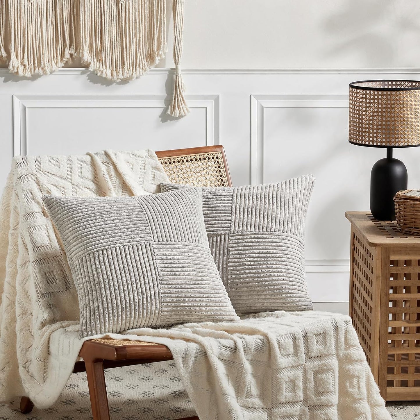 Fancy Homi 2 Packs Neutral Grey Decorative Throw Pillow Covers 18x18 Inch for Living Room Couch Sofa, Rustic Farmhouse Boho Home Decor, Soft Corss Corduroy Patchwork Textured Square Cushion Case 45cm