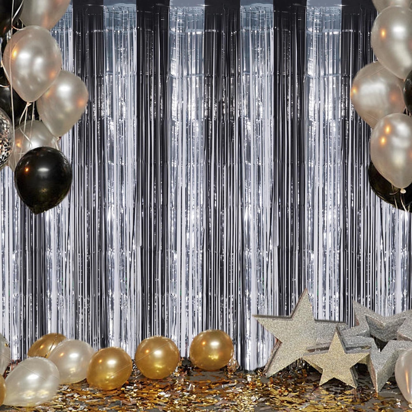 3 Pack Foil Fringe Backdrop - Black&Silver Shiny Tinsel Curtains for Party Decoration/Photo Booth Props - 3.3x8.2 FT Metallic Foil Backdrop for Birthday, Wedding, Graduation, Christmas.