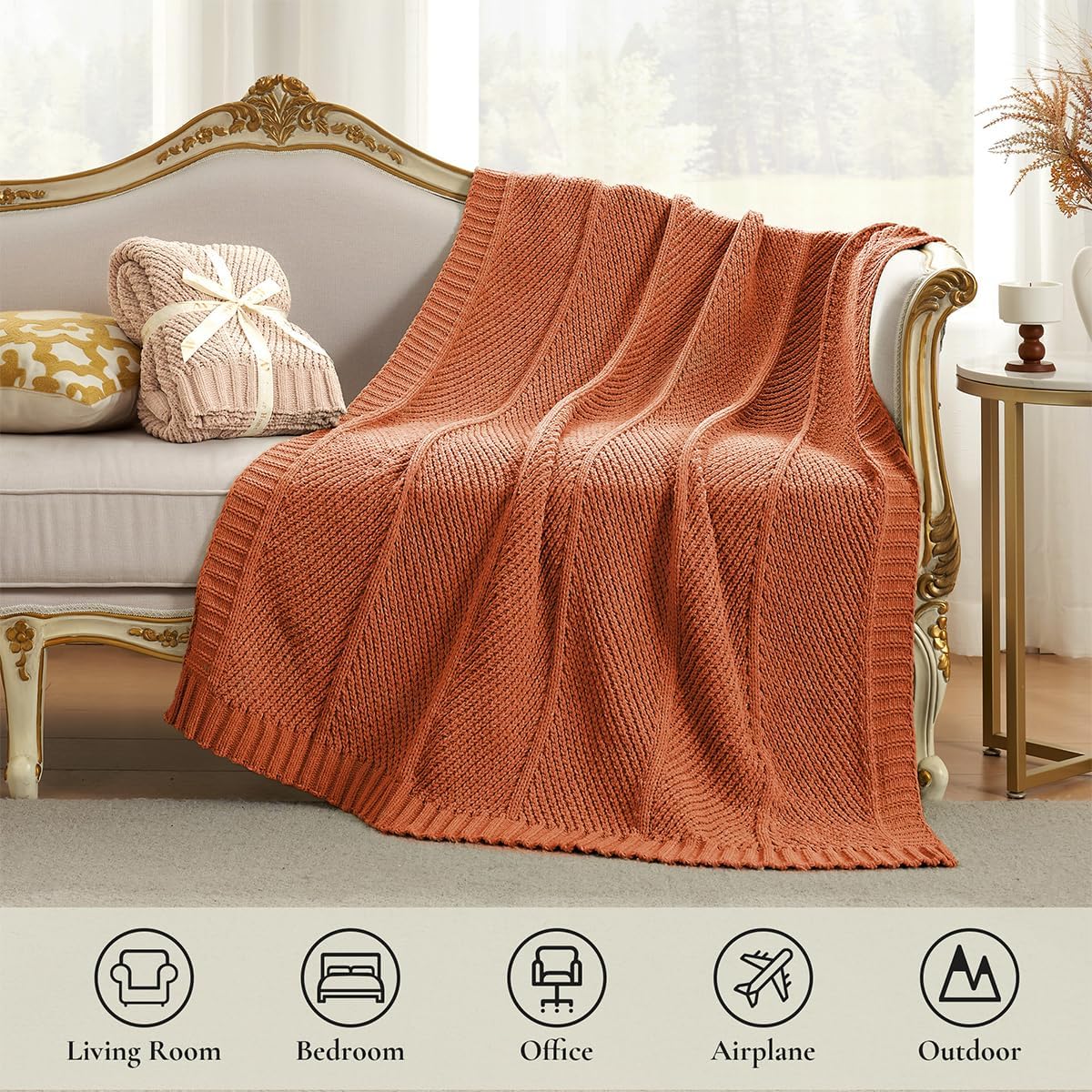 Amélie Home Chenille Knit Throw Blanket for Couch, Chevron Texture Decorative Soft Blanket for Sofa, Bed & Chair, 50"x60", Burnt Orange