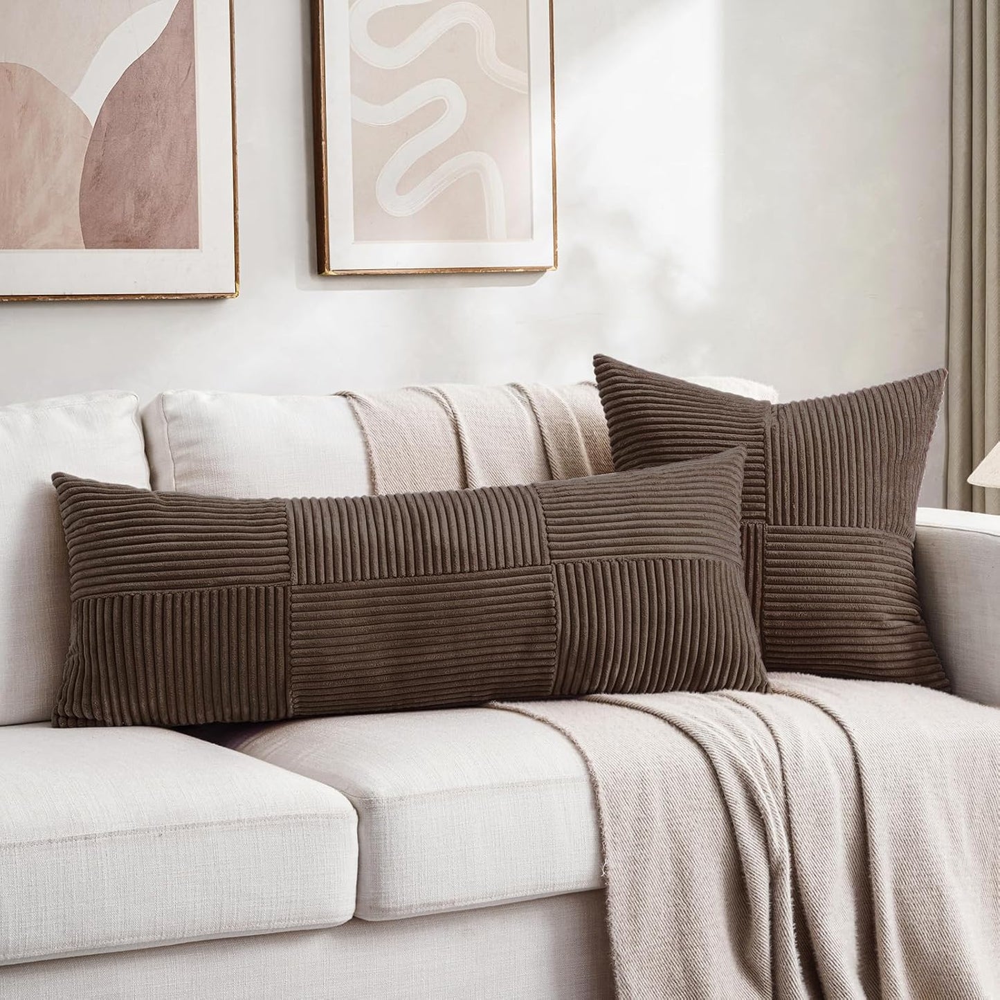 Fancy Homi 2 Packs Dark Brown Decorative Throw Pillow Covers 20x20 Inch for Living Room Couch Bed Sofa, Rustic Farmhouse Boho Home Decor, Soft Corss Corduroy Patchwork Accent Cushion Case 50x50 cm