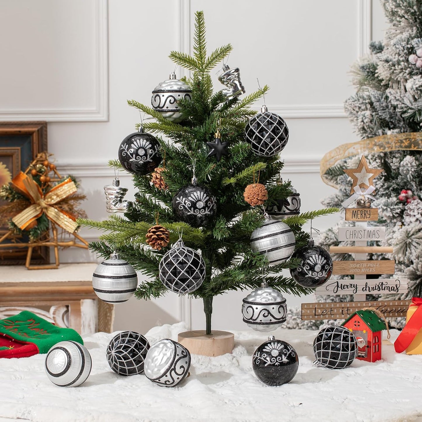 150PCS Black and Silver Christmas Ornaments - Shatterproof Ball Set, Assorted Baubles Hanging Decorations for Xmas Tree, Home, Festival, Party, Wedding