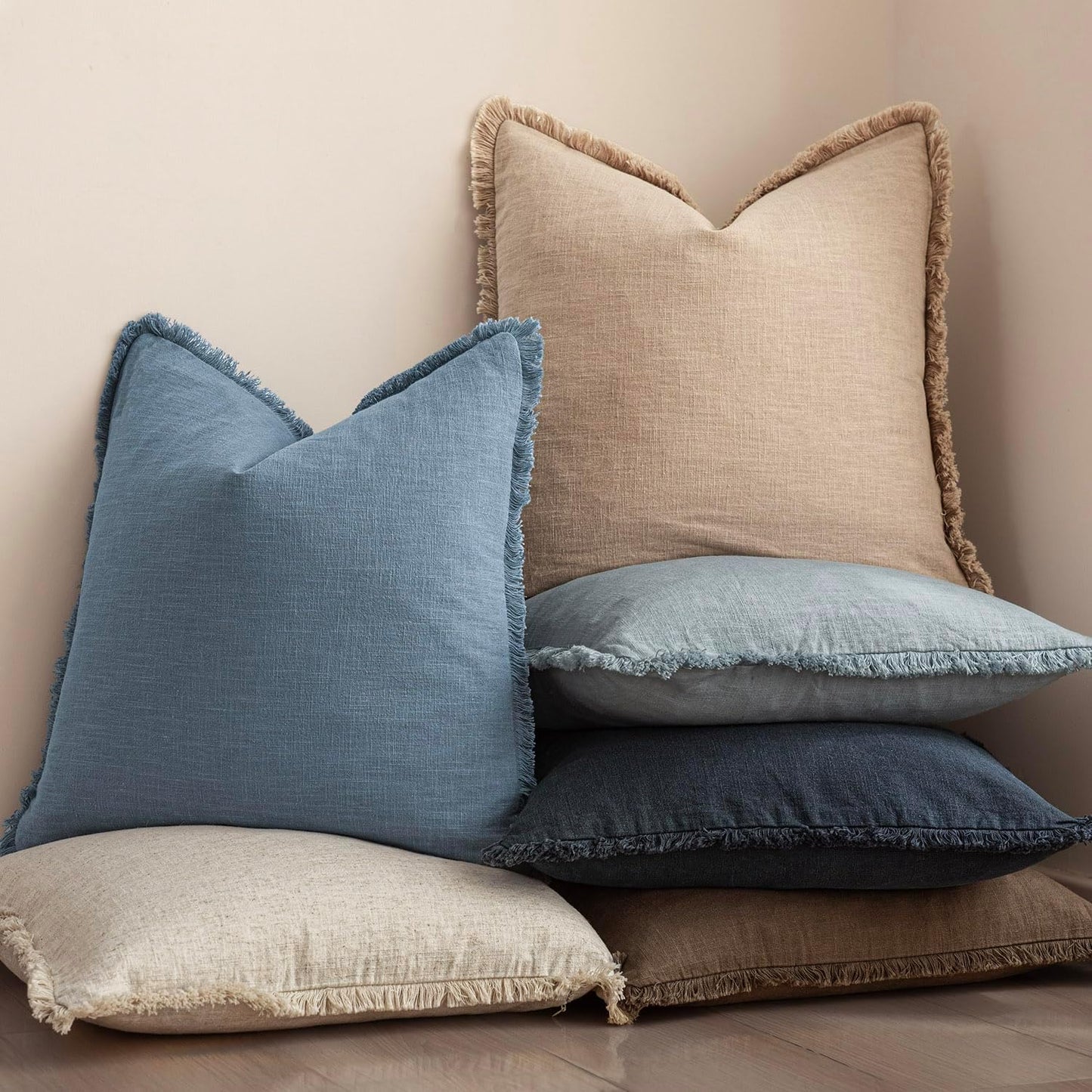 Foindtower Set of 2 Decorative Linen Fringe Throw Pillow Covers Cozy Boho Farmhouse Cushion Cover with Tassels Soft Accent Pillowcase for Couch Sofa Bed Living Room Home Decor, 24×24 Inch, Misty Blue