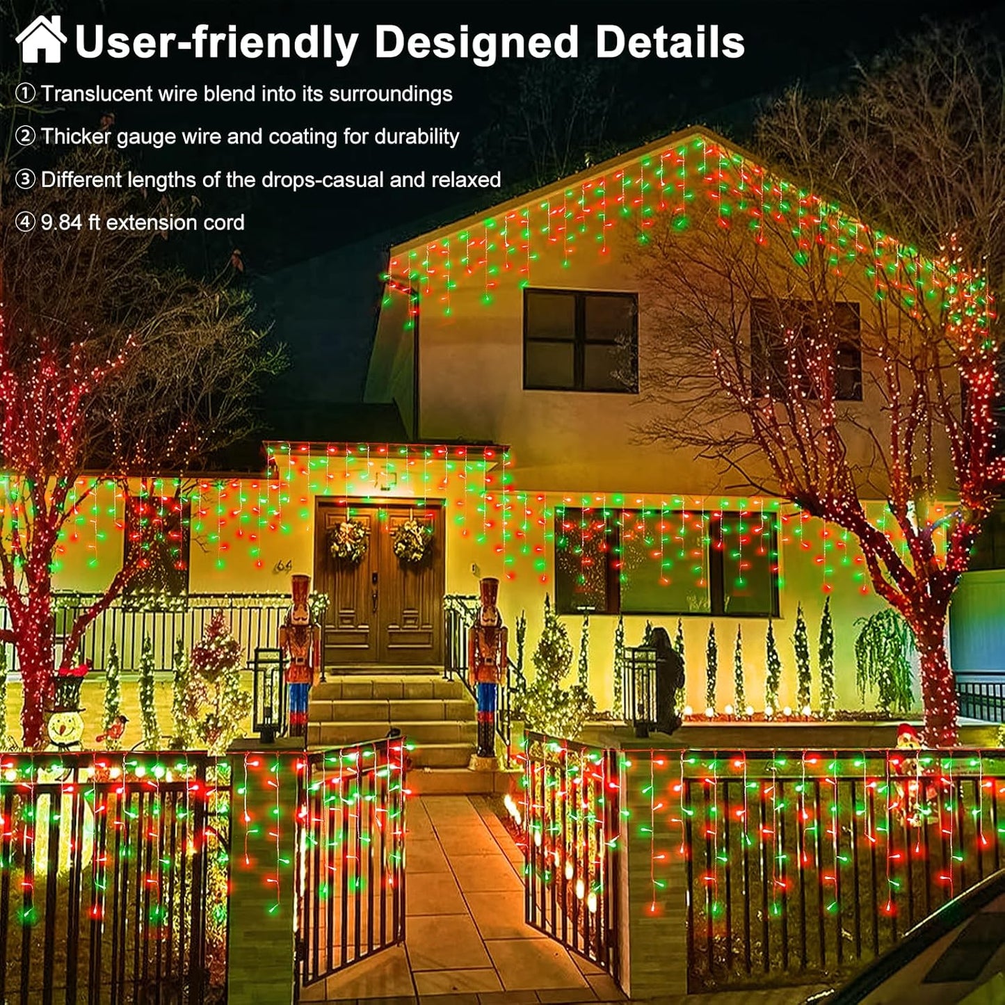 66ft Red and Green Christmas Lights, 640 LED Icicle Lights for Outside, Clear Wire Connectable Twinkle Lights with 8 Modes Timer Waterproof for House Window Party Tree Holiday Patio Yard Home Decor