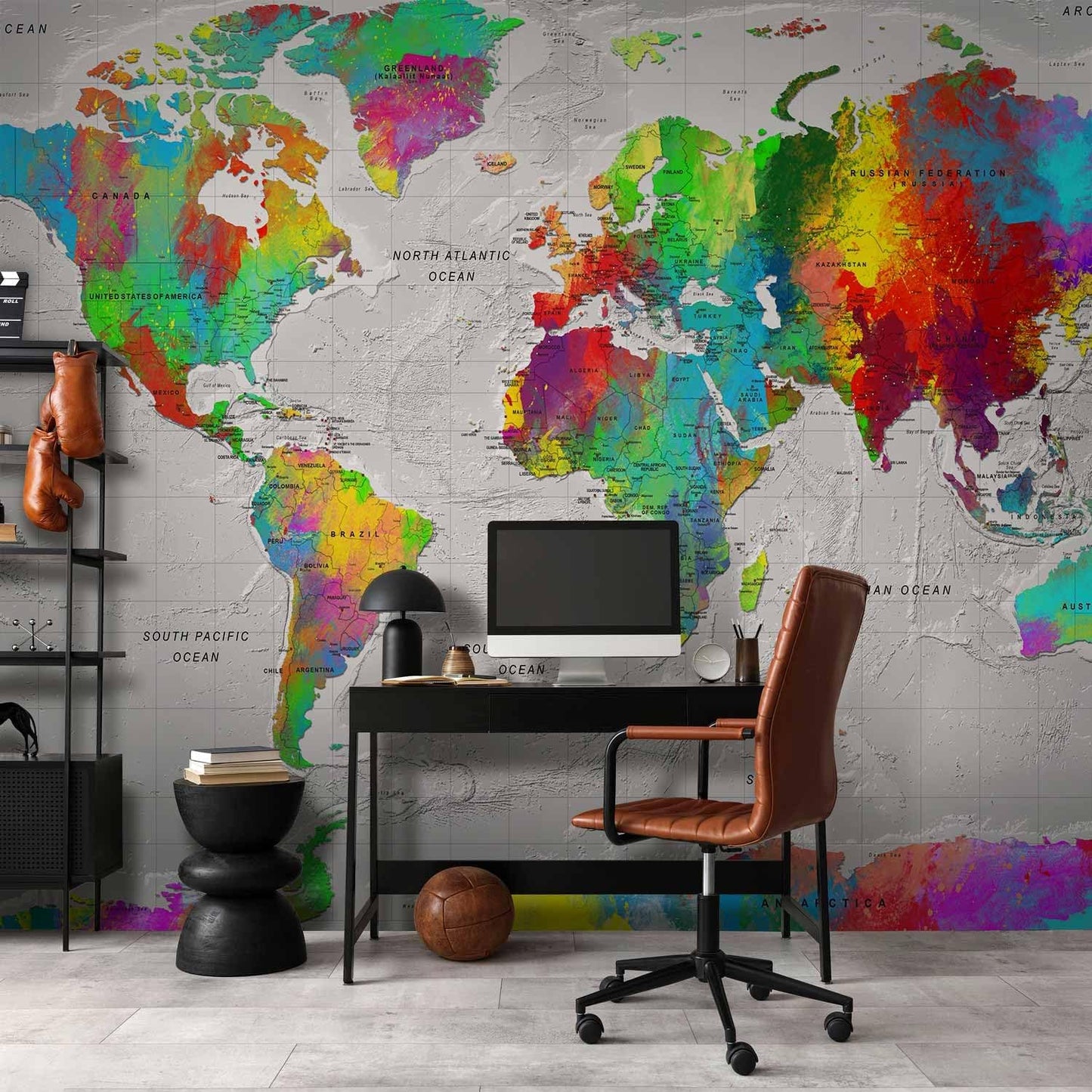 artgeist Premium Wall Mural World Map 177x124 in - XXL Non-Woven Wallpaper Fleece Wall Decor Photo Print Picture Image Design Home Map of The World k-A-0128-a-a
