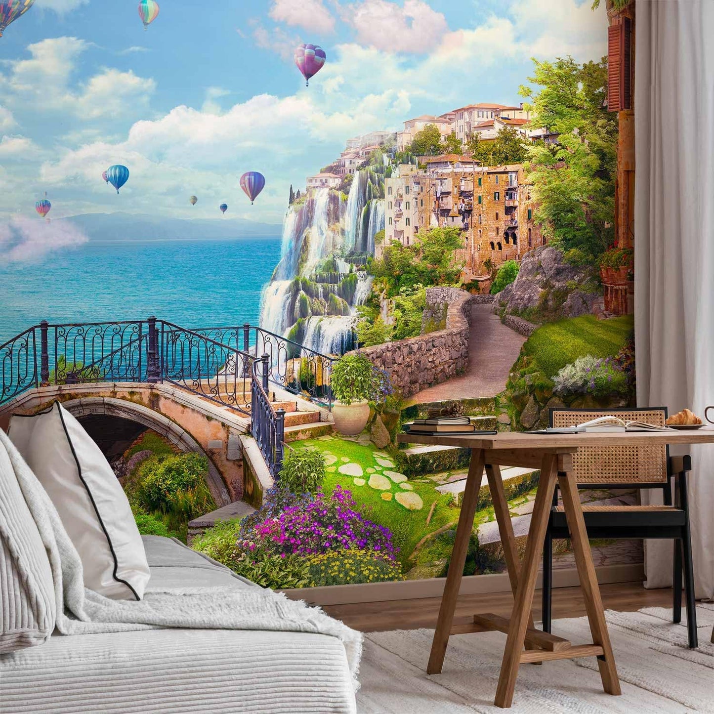 artgeist Wall Mural Landscape 216x98 in - XXL Non-Woven Corner Wallpaper Fleece Angle Wall Decor Photo Print Picture Baloons Waterfall Architecture Landscape Clouds c-B-10182-a-a