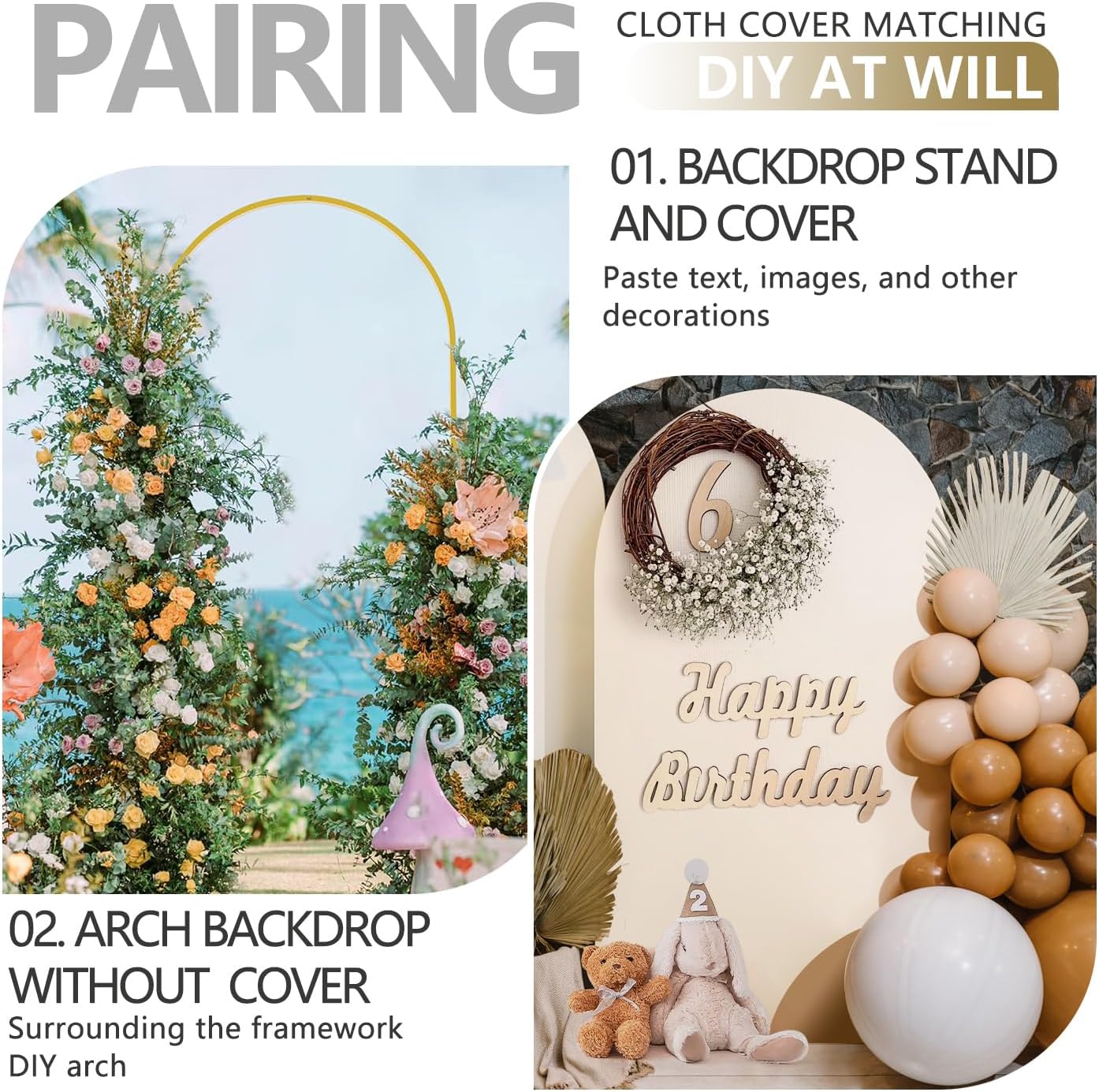 Arch Backdrop Stand and Cover Set, Metal Balloon Arch Backdrop 6ft, Gold Arched Stand Frame for Wedding, Parties,Birthday, Backdrop Decorations (Beige,6ft)