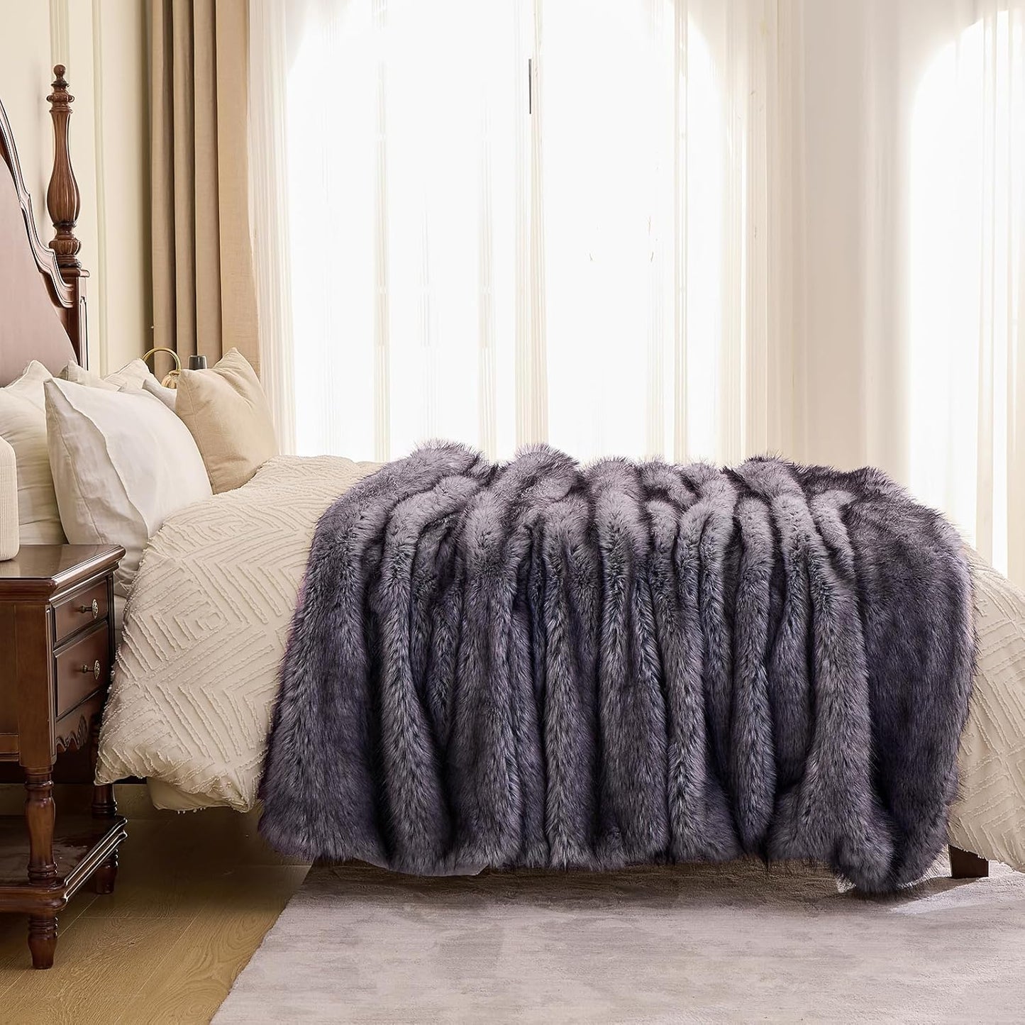 Fluffy Faux Fur Throw Blanket – Super Soft Warm Thick Plush Blanket for Bed, Couch & Office, Cozy Fuzzy Throw with Flannel Backing,90"x90", Grey