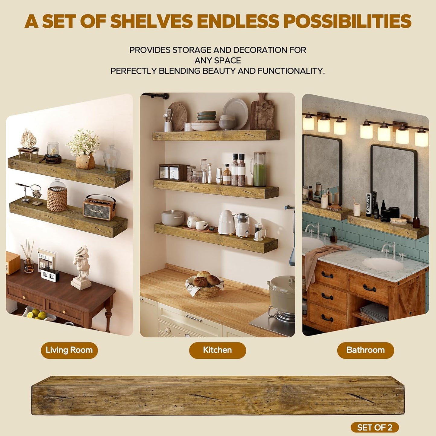 Floating Shelves 3 inch Thick for Wall Set of 2,Solid Pine Wood Wall Mount Shelf for Kitchen Living Room Bedroom Bathroom,8" D x 48" L x 3" H-Distressed Black Walnut