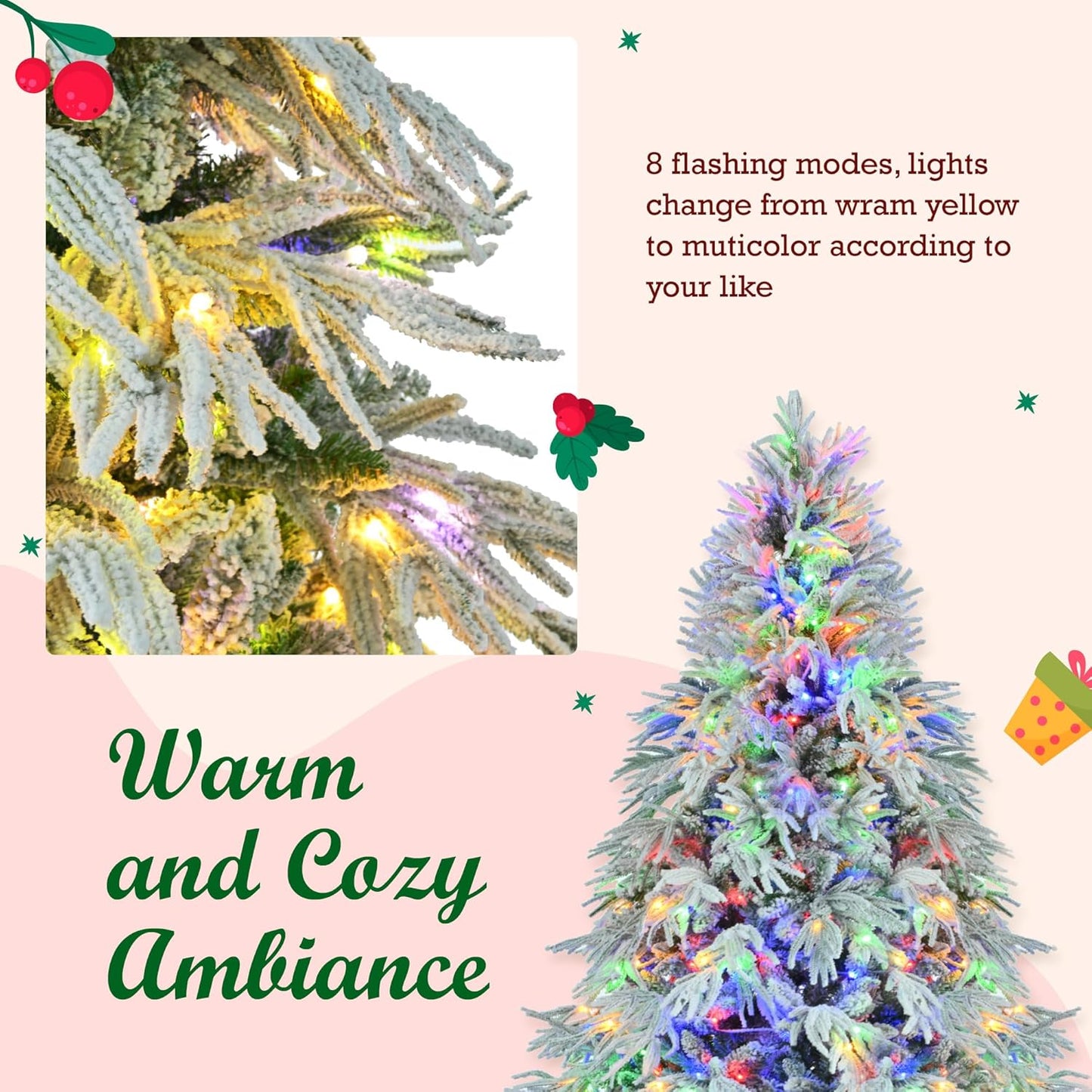 7.5FT Pre-Lit Spruce Snow Flocked Artificial Christmas Tree - Xmas Tree for Christmas,350 Multi-Color LED Lights and 1389 Branch Tips, Xmars Trees for Home Office Christmas Decor