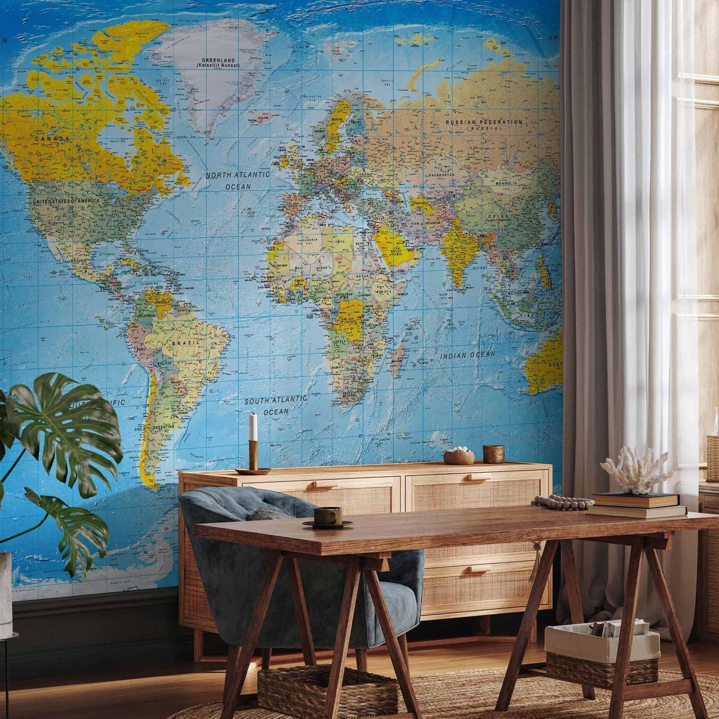 artgeist Premium Wall Mural World Map 177x124 in - XXL Non-Woven Wallpaper Fleece Wall Decor Photo Print Picture Image Design Home Map of The World k-A-0109-a-a