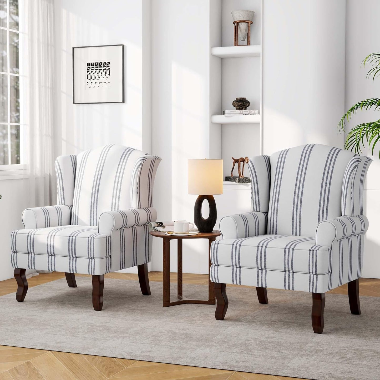 Accent Chair, High Back Upholstered Armchair with High Resilience Sponge & Wood Legs, Mid-Century Modern Comfy Single Sofa Reading Chairs for Living Room, Bedroom (Stripe Navy, Set of 1)