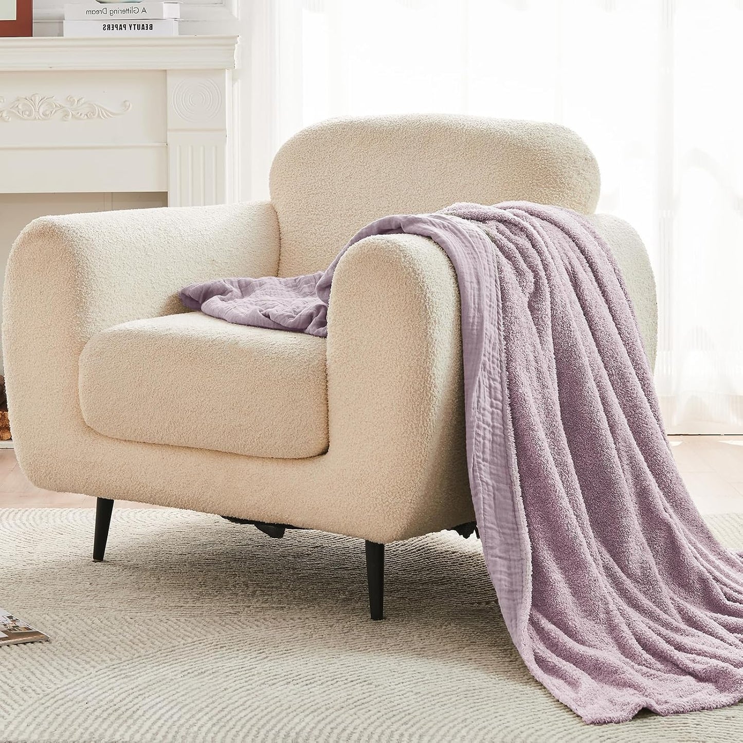 EMME Muslin and Fleece Queen Blanket Reversible - 80"*90" Lavender Soft Warm Throw Blankets for Couch Bed Picnic Travel Bed