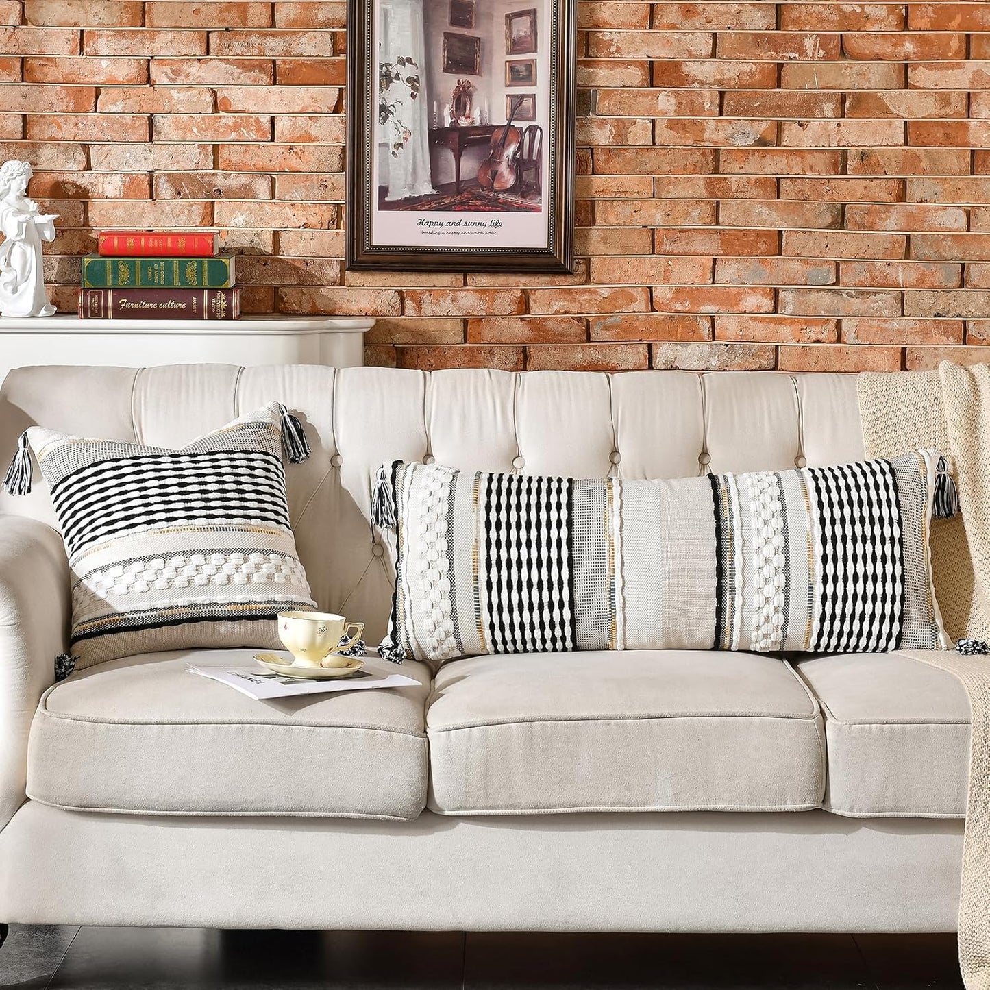 AmHoo Chenille Striped Textured Boho Throw Pillow Covers Aesthetic with Tassels Woven Decorative Pillow Case for Couch Bed Sofa Bedroom Modern Funky 14 x 36-Inch Black