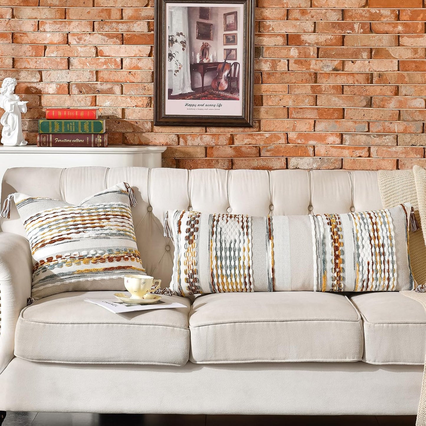 AmHoo Chenille Striped Textured Boho Throw Pillow Covers Aesthetic with Tassels Woven Decorative Pillow Case for Couch Bed Sofa Bedroom Modern Funky 18 x 18-Inch Brown