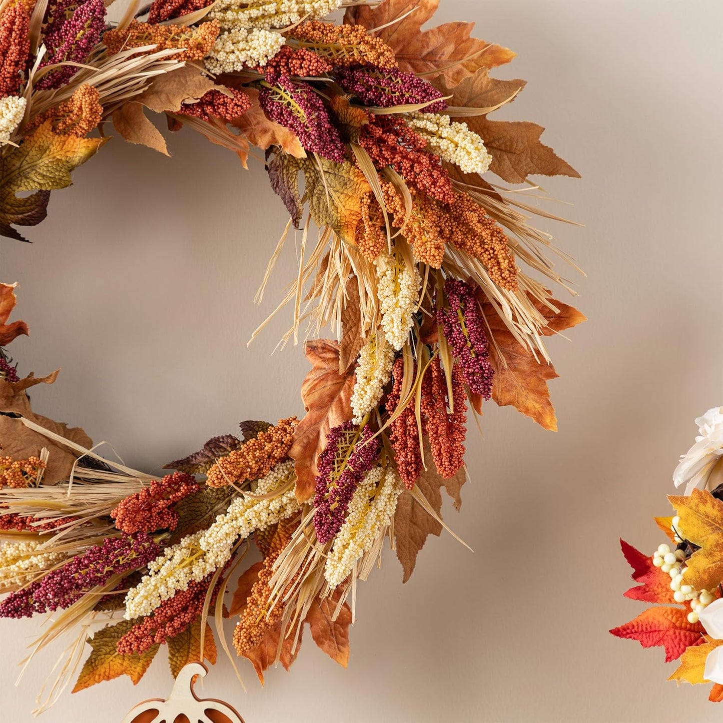 Glitzhome 24" D Fall Sorghum Wreath with Metal Hanger, Harvest Wreath for Front Door, Fall Door Wreaths for Indoor Outdoor Thanksgiving Harvest Holiday Decorations