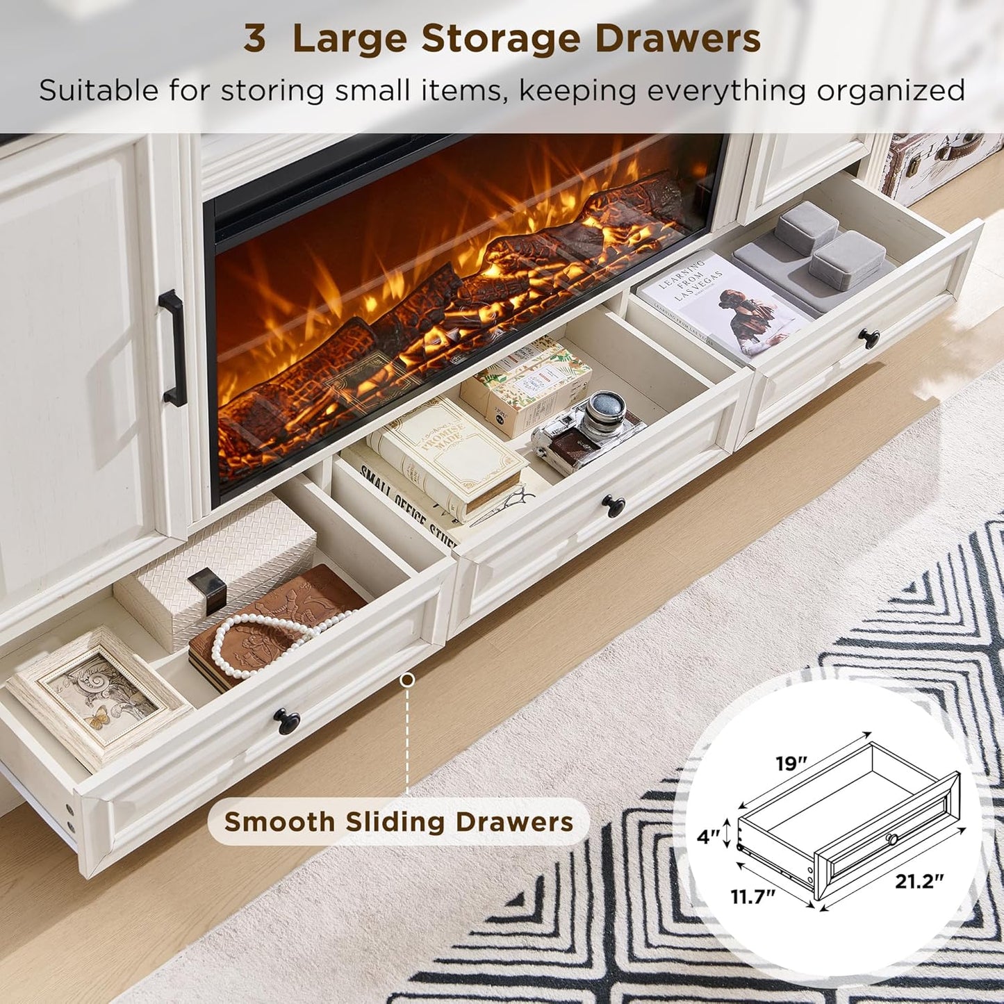 Fireplace TV Stand for 80 Inch TV, 35.7" Tall Farmhouse Entertainment Center W/36'' Electric Fireplace, Media Console with Large Storage Cabinets and Drawers for Living Room, Antique White