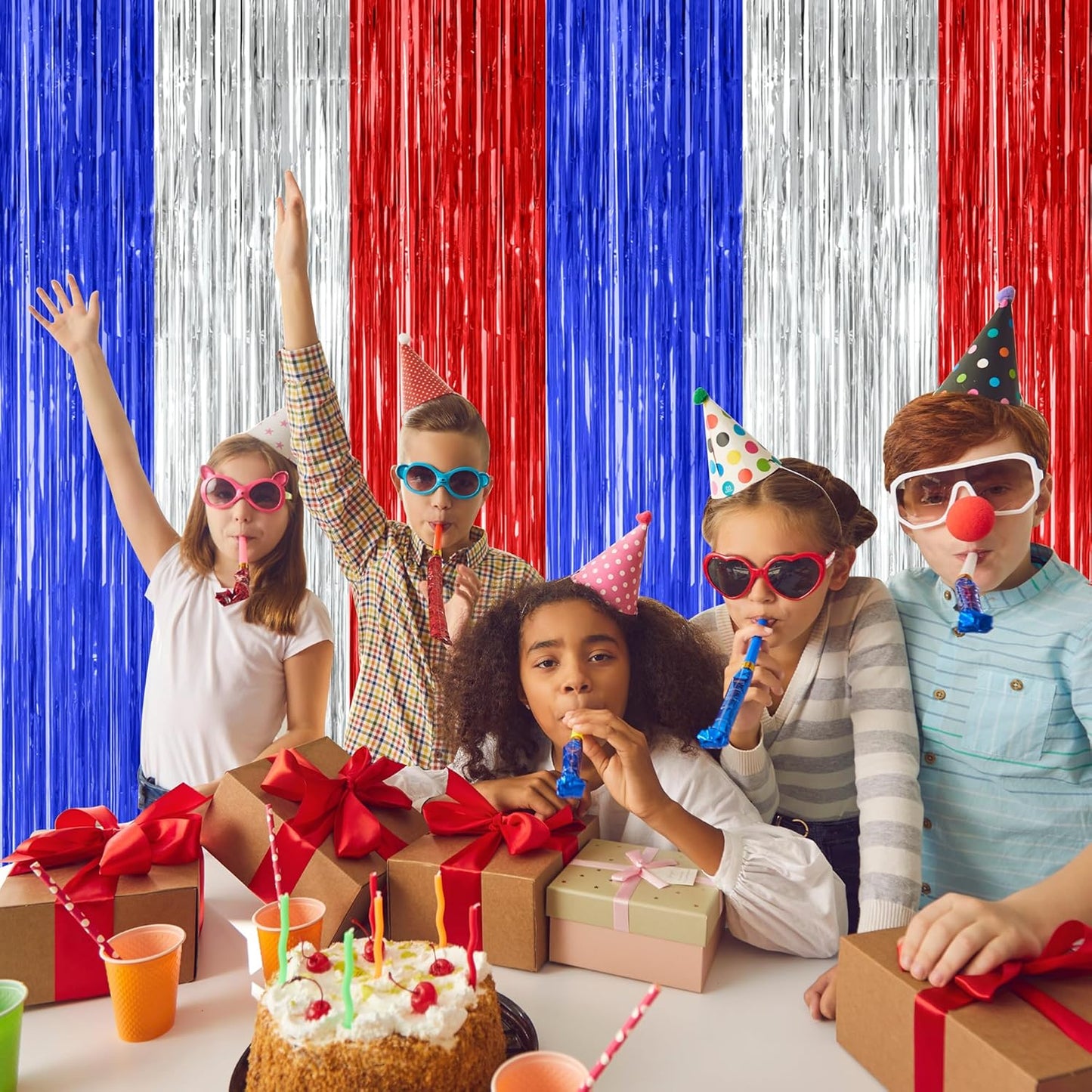 8 Pack 4th of July Photo Backdrop, 3.28 FT x 7.08 FT Fourth of July Decorations, Metallic Blue Silver Red Patriotic Tinsel Backdrop Foil Curtains, Patriotic Independence Day Decorations