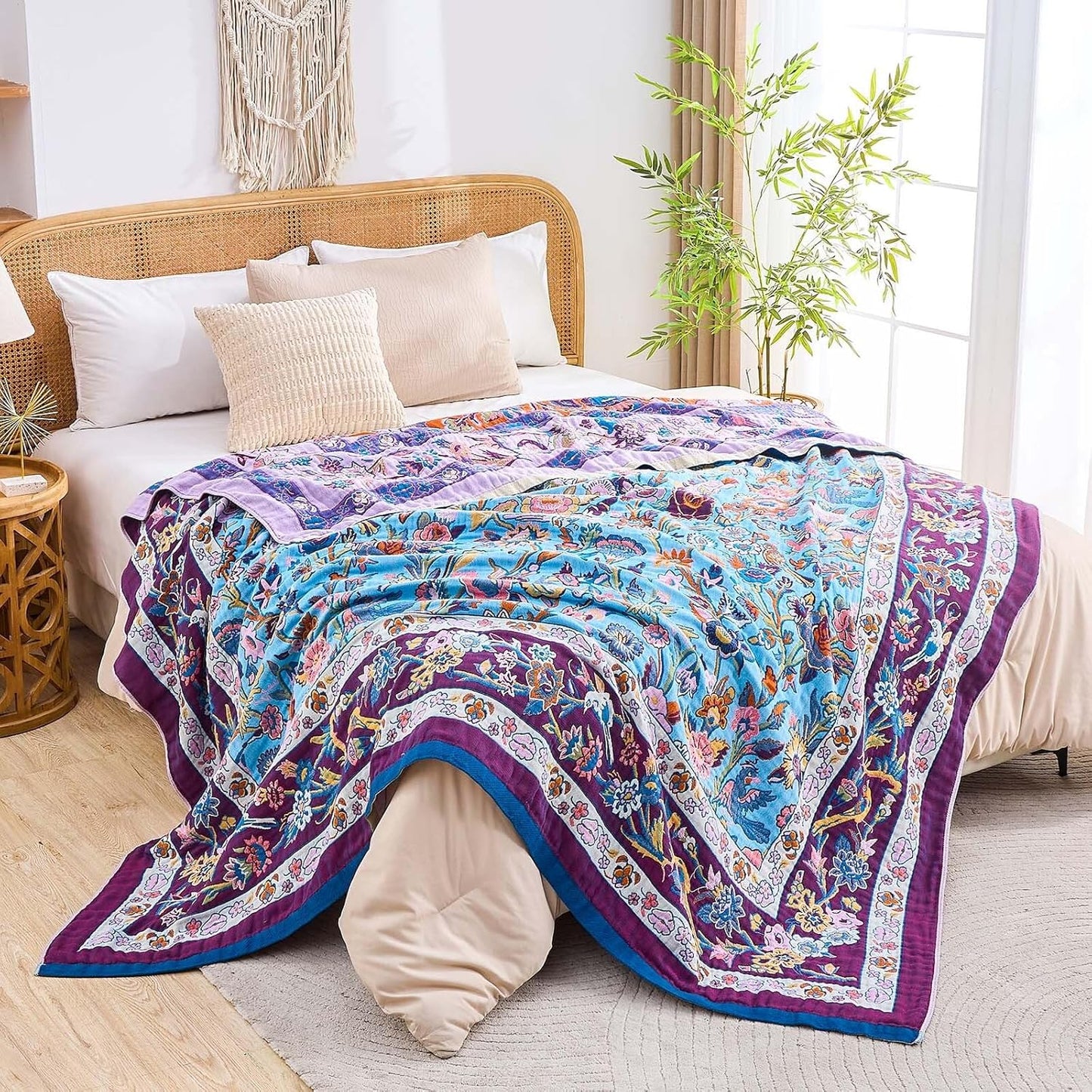 Fall Blanket for Bed, 100% Cotton Soft Rustic Boho Throw Blanket Quilt, 60"x80" Farmhouse Decor Bed Flower Blankets, Light Weight Reversible Bohemian Throw Quilt