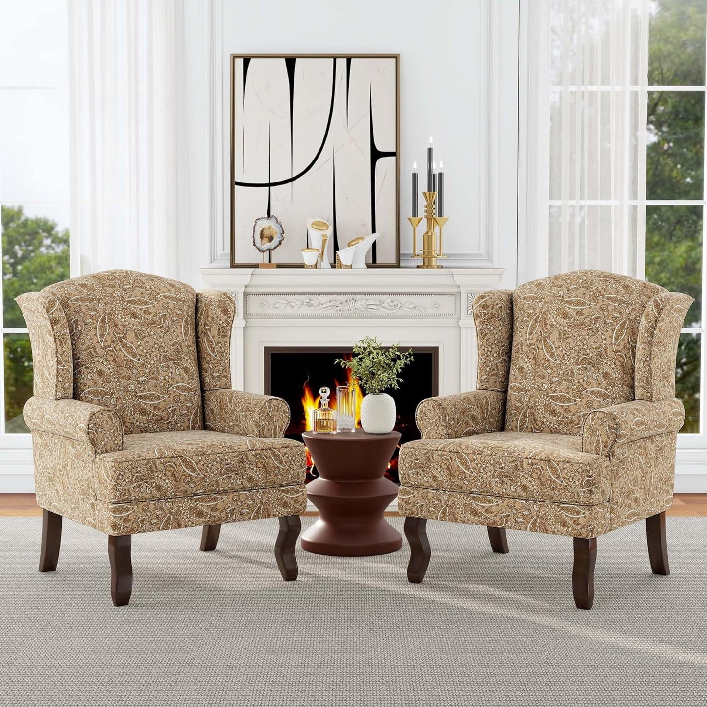 Accent Chair, High Back Upholstered Armchair with High Resilience Sponge & Wood Legs, Mid-Century Modern Comfy Single Sofa Reading Chairs for Living Room, Bedroom (Floral Light Brown, Set of 1)