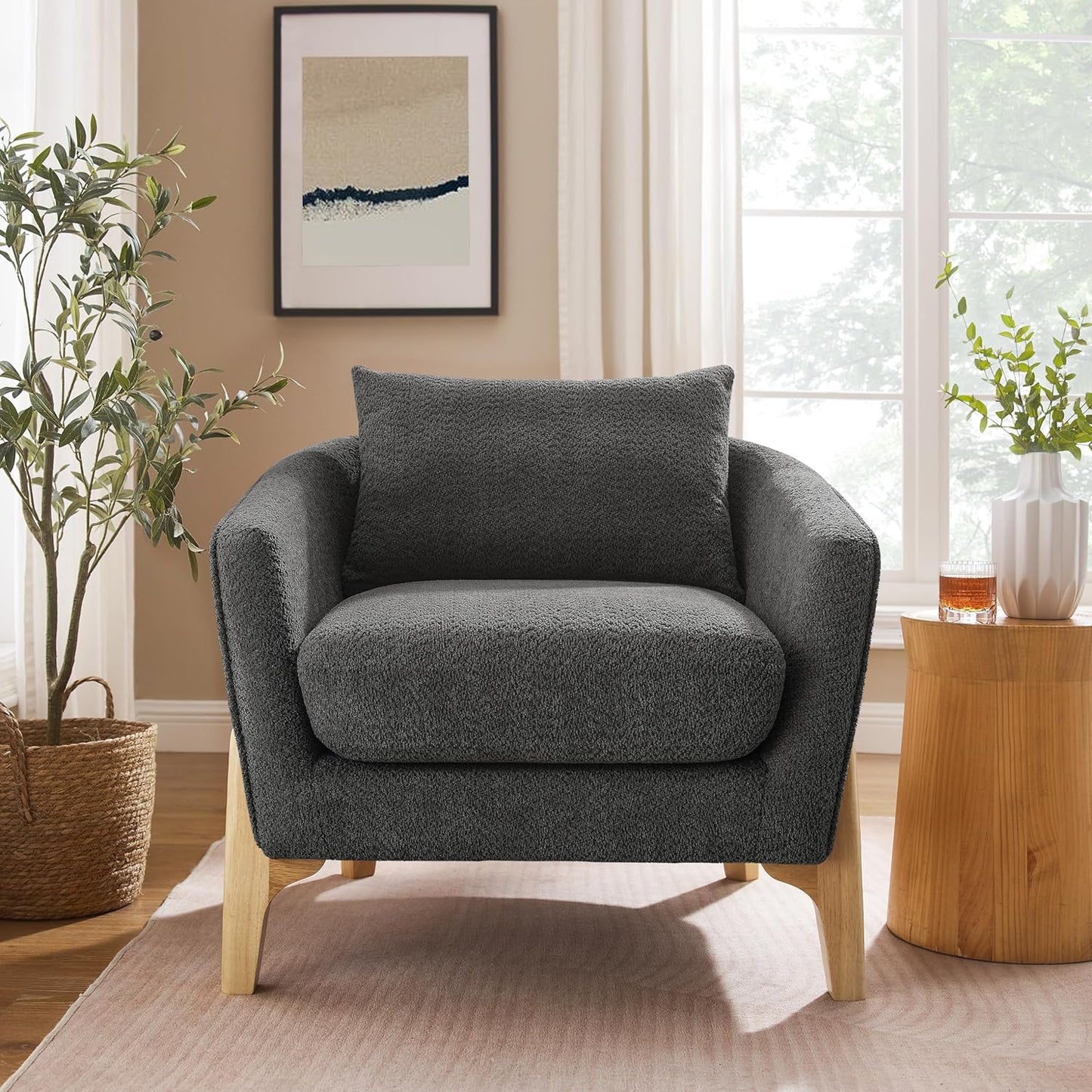 Accent Chair 31" Oversized Reading Chair Comfy Upholstered Boucle Lounge Armchair, Modern Living Room Chair with Back Pillow,Single Sofa Chair for Bedroom, Office (Grey)