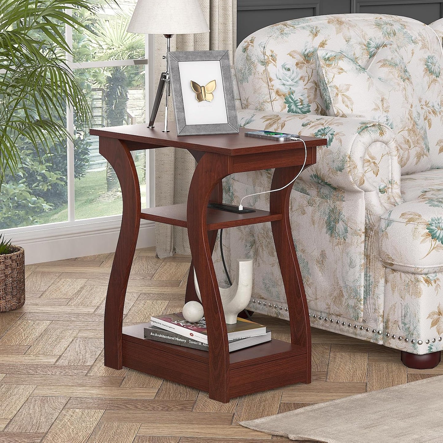 End Tables Living Room Set of 2,Cherry End Table with Charging Station,Side Table, Nightstand for Bedroom, 3 Tier End Table with Storage Shelf for Living Room(Cherry)