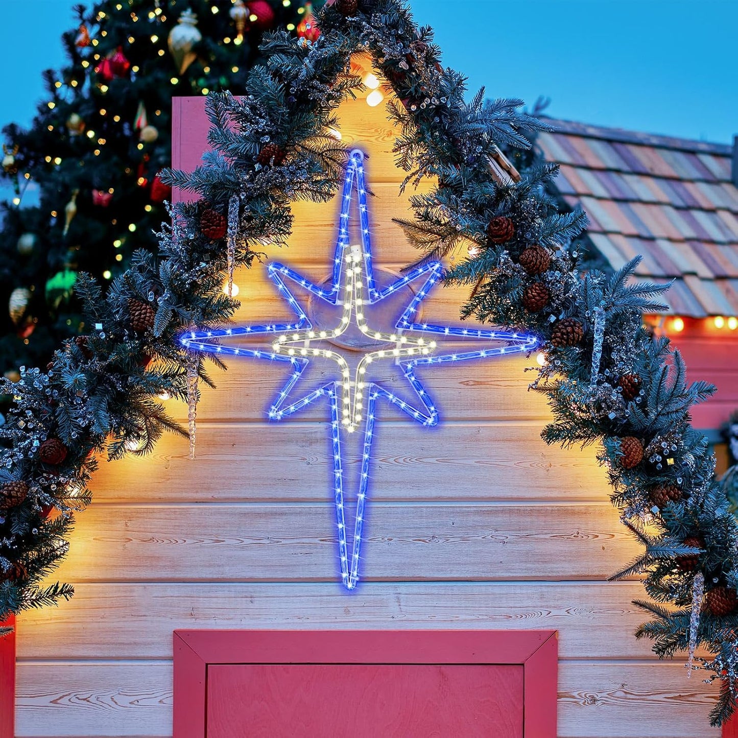 28" Christmas Star of Bethlehem LED Star Hanging Lights Nativity Holy Family Light for Door Window Porch Wall Decoration Plug Operated Lighted Hanging Tree Topper (Blue, Light Yellow)