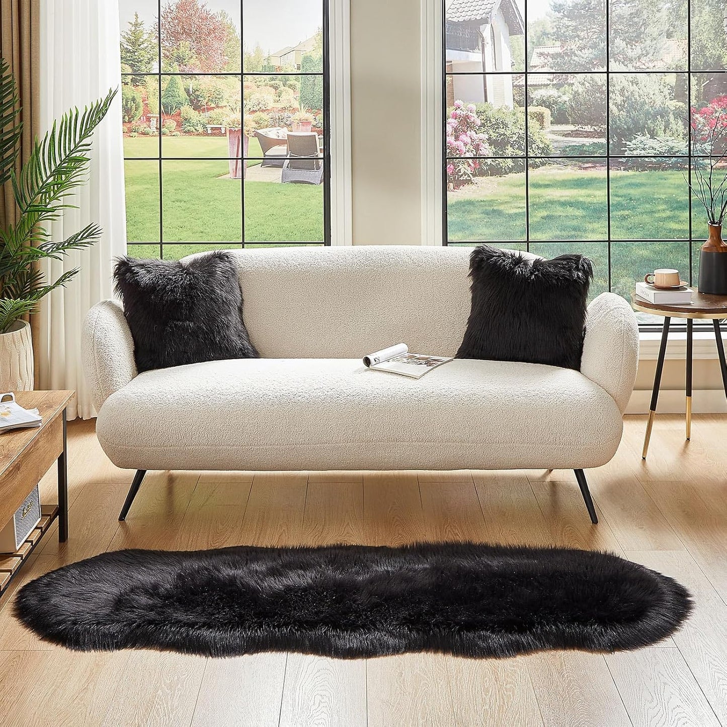 AMTOVO Faux Sheepskin Rug, Black Ultra Soft Fluffy Shag Area Rug, 2 x 6 ft Faux Fur Rug for Bedroom Sofa Throw Cushion Room Decor, Sheepskin