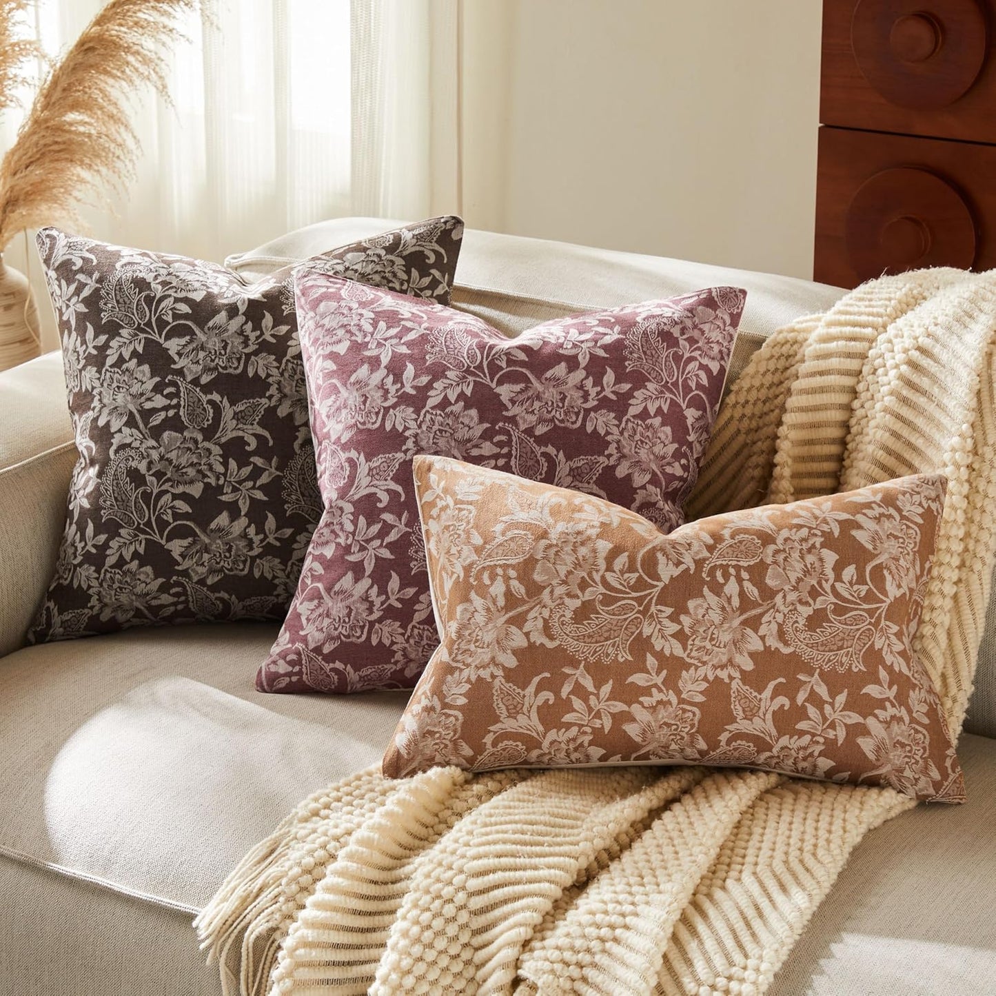 Floral Jacquard Throw Pillow Covers Set of 2, Background/Chocolate 18x18 Inch, Farmhouse Decorative Cotton Dark Brown Cushion Covers for Sofa Bed Living Room Home Decor