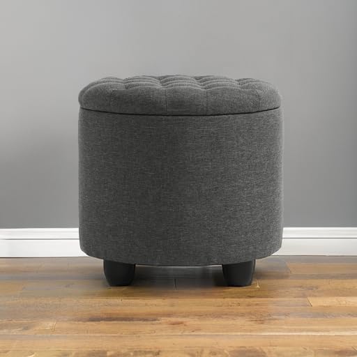 Furniliving 18.7inch Storage Round Ottoman, Footstools with Hidden Storage with Removable Lid, Stylish Button Tufted Design Ottoman Foot Stools for Living Room, Bedroom，Darkgrey