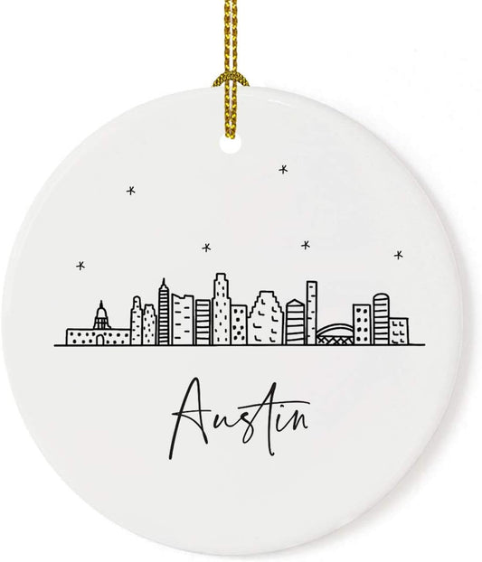 Andaz Press Round Ceramic Porcelain Christmas Tree Ornament Keepsake, Austin Black and White Stars City Skyline Graphic, 1-Pack, Birthday Gift Idea for Family Coworker Him Her, Includes Gift Box