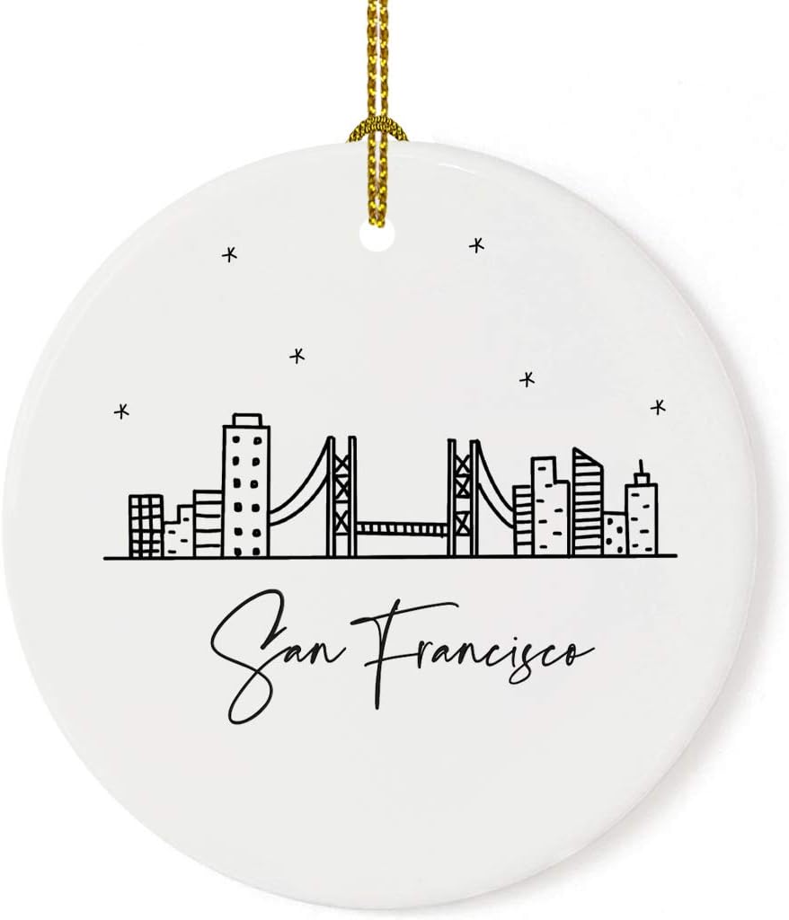 Andaz Press Round Ceramic Porcelain Christmas Tree Ornament Keepsake, San Francisco, Black and White Stars City Skyline Graphic, 1-Pack, Birthday Gift Ideas Family Coworker, Includes Gift Box