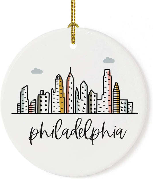 Andaz Press Round Ceramic Porcelain Christmas Tree Ornament Keepsake Gift, Philadelphia, Colorful City Skyline Graphic, 1-Pack, Birthday Ideas Family Coworker Him Her, Includes Gift Box