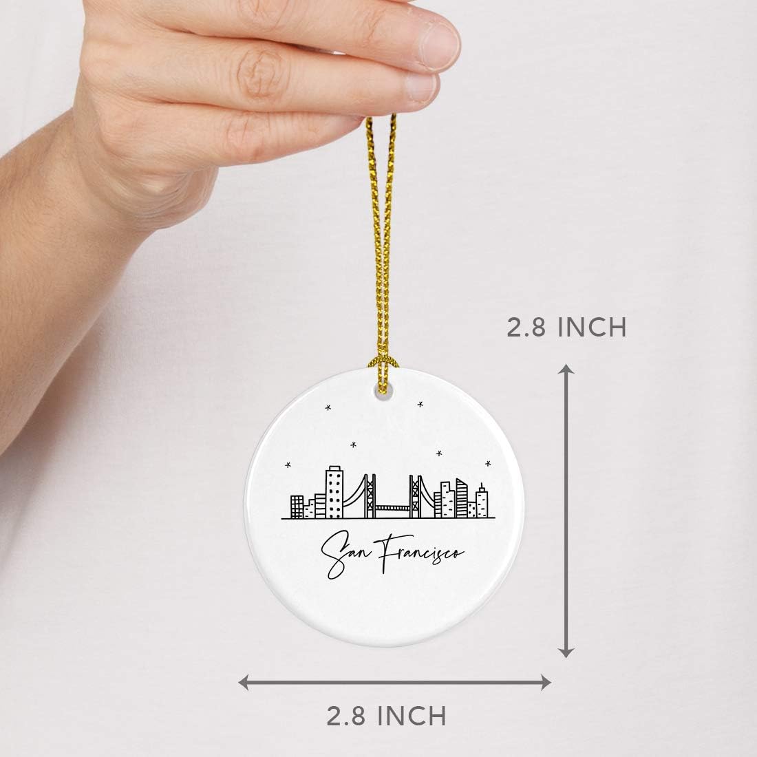 Andaz Press Round Ceramic Porcelain Christmas Tree Ornament Keepsake, San Francisco, Black and White Stars City Skyline Graphic, 1-Pack, Birthday Gift Ideas Family Coworker, Includes Gift Box