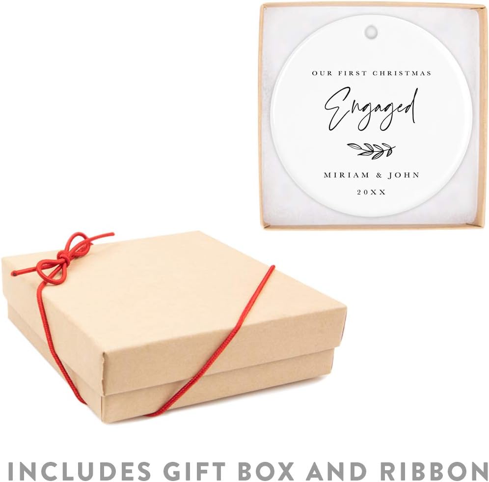 Andaz Press Personalized Wedding Engagement Round Ceramic Porcelain Christmas Ornament Engagement Keepsake Collectible Gift, Our First Christmas Engaged, Miriam & John 2024, Antique Handdrawn, 1-Pack