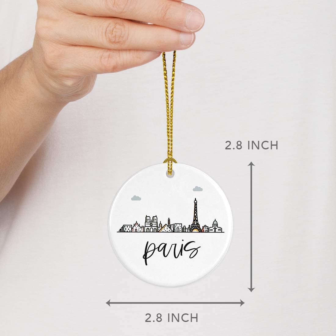 Andaz Press Round Ceramic Porcelain Christmas Tree Ornament Keepsake Gift, Paris, Colorful International City Skyline Graphic, 1-Pack, Birthday Ideas Family Coworker Him Her, Gift Box