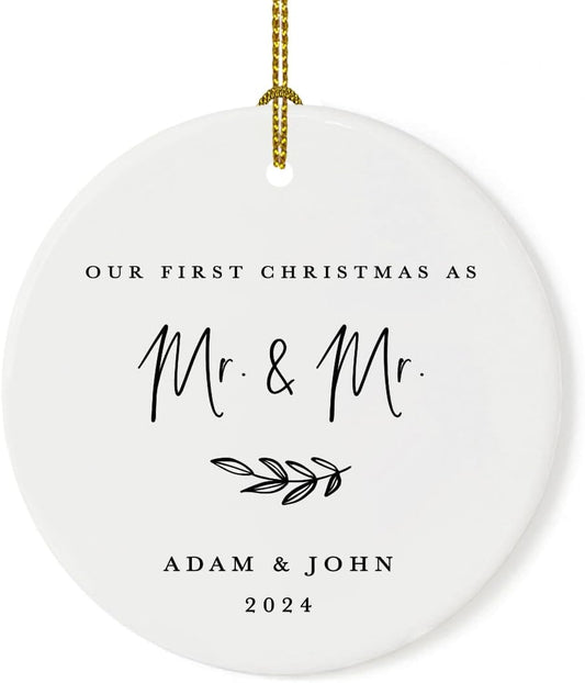 Andaz Press Personalized Gay Couple Wedding Round Ceramic Porcelain Tree Ornament Engagement Keepsake Gift, Our First Christmas As Mr. & Mr, 2024, Antique Handdrawn, 1-Pack Gay Christmas Ornaments