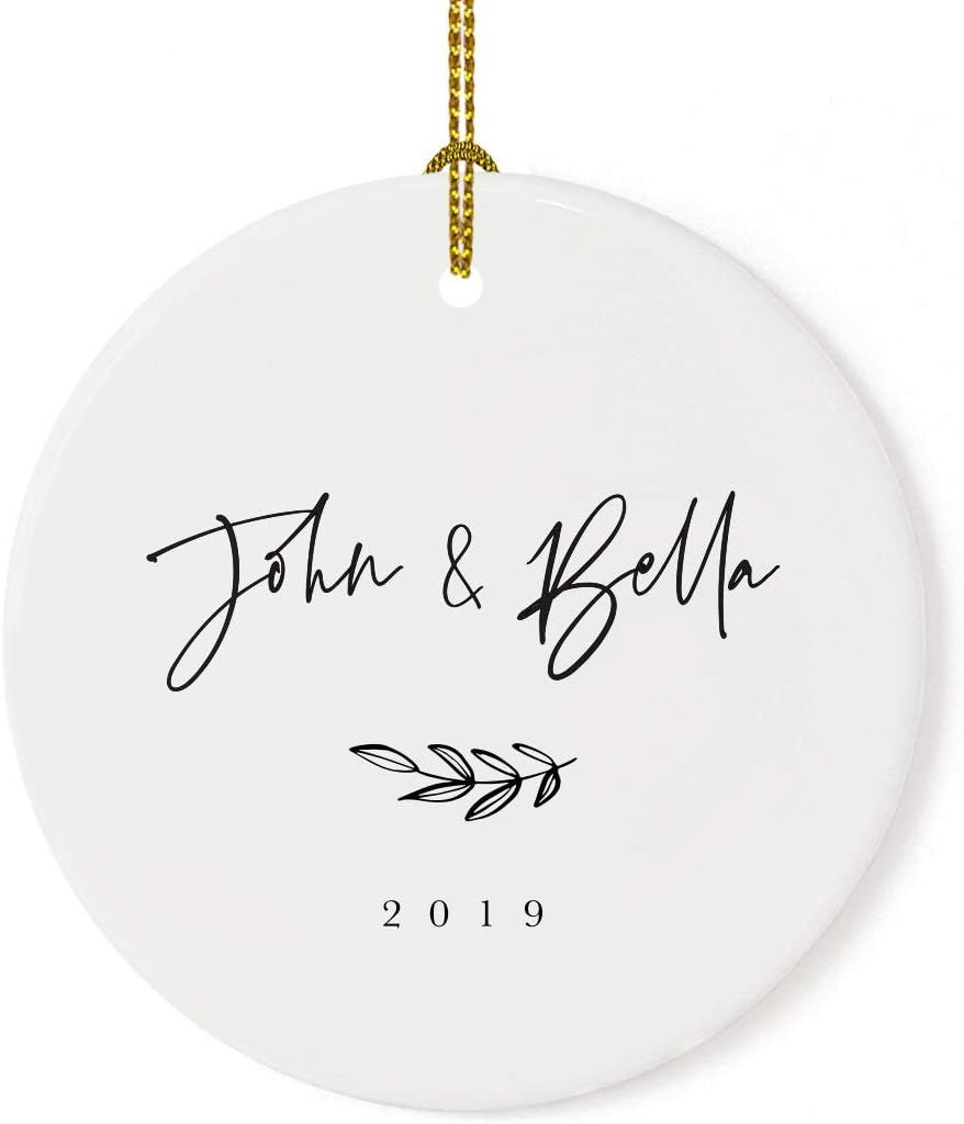 Andaz Press Personalized Round Ceramic Porcelain Christmas Tree Ornament Engagement Keepsake Collectible Gift, John & Olivia, Antique Handdrawn, 1-Pack
