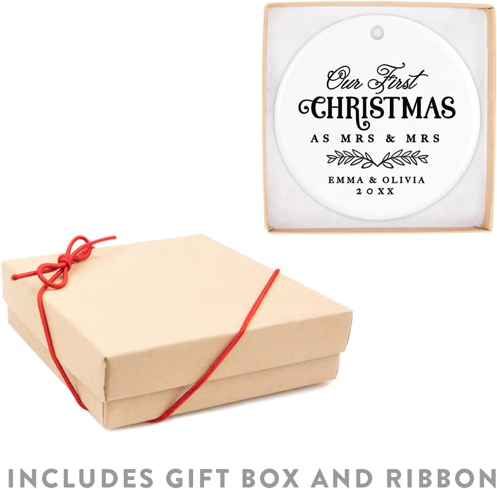 Andaz Press Personalized Our First Christmas As Mrs. & Mrs. 2025 Christmas Ornaments Laurel Wreath Leaves 2.8" Round Porcelain Ceramic Lesbian Married Couple Gay Women Newlyweds Keepsake 1-Pack