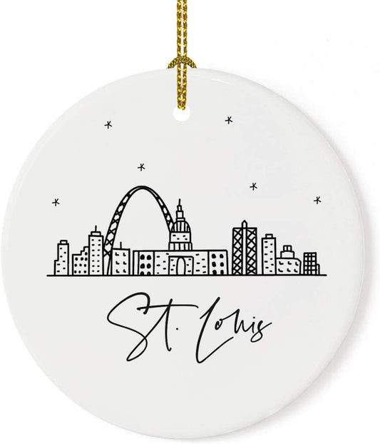 Andaz Press Round Ceramic Porcelain Christmas Tree Ornament, St. Louis, Black and White Stars City Skyline, 1-Pack, Birthday Ideas Coworker, Includes Box St Louis Ornament St Louis Christmas Ornament