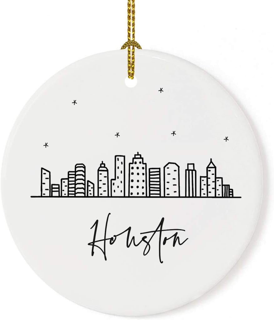Andaz Press Round Ceramic Porcelain Christmas Tree Ornament Keepsake, Houston Black and White Stars City Skyline Graphic, 1-Pack, Birthday Gift Idea for Family, Coworker, Him, Her, Includes Gift Box