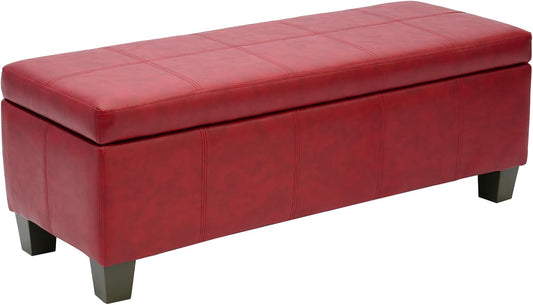 Faux Leather Ottoman with Storage, Rectangular Extra Long Storage Bench for Bedroom and Living Room, Midnight Red