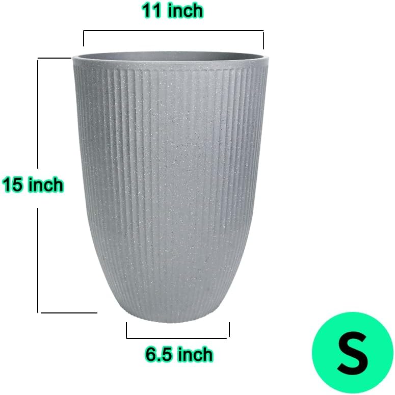 2 Pcs Pack 15 Inches Heavy Duty Plastic Resin Tall Tapered Planter Pots Large Round Planter Flower Pot with Drainage Holes for Indoor Outdoor Deck Porch Garden Home Patio Front Door (Light grey, S)
